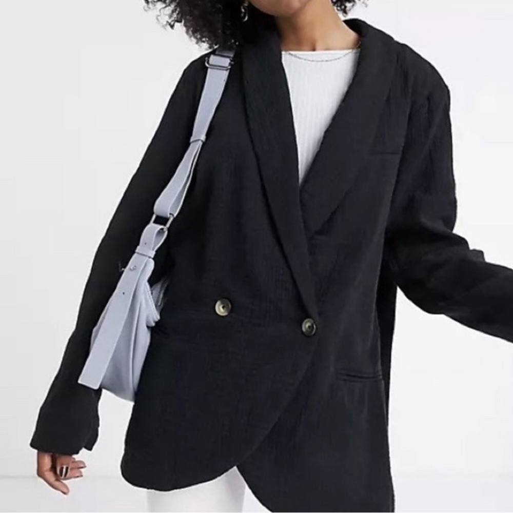 Free People Rowan Blazer Women XS 100% Cotton Gauze Crinkle Black Boho Oversized